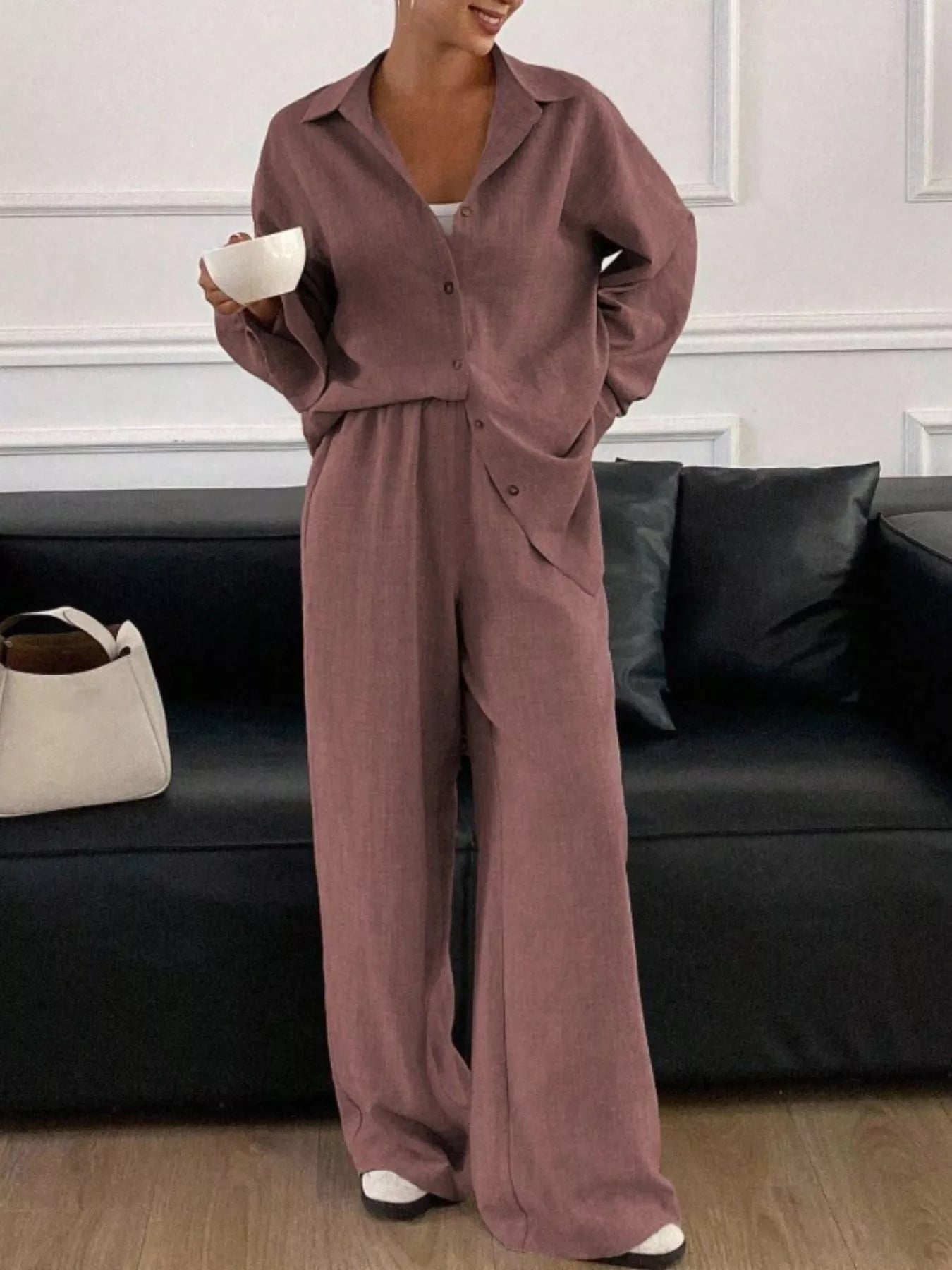 Trendsi Button Up Long Sleeve Shirt and Wide Leg Pants Set -