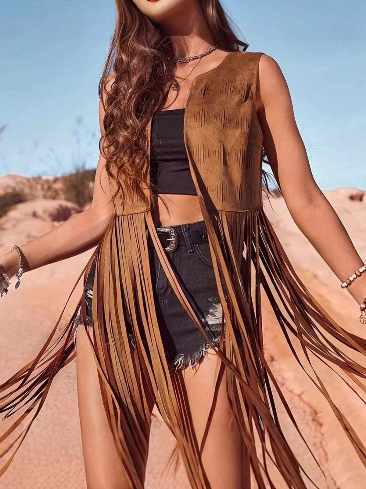 Fringed Open Front Vest Coat in khaki