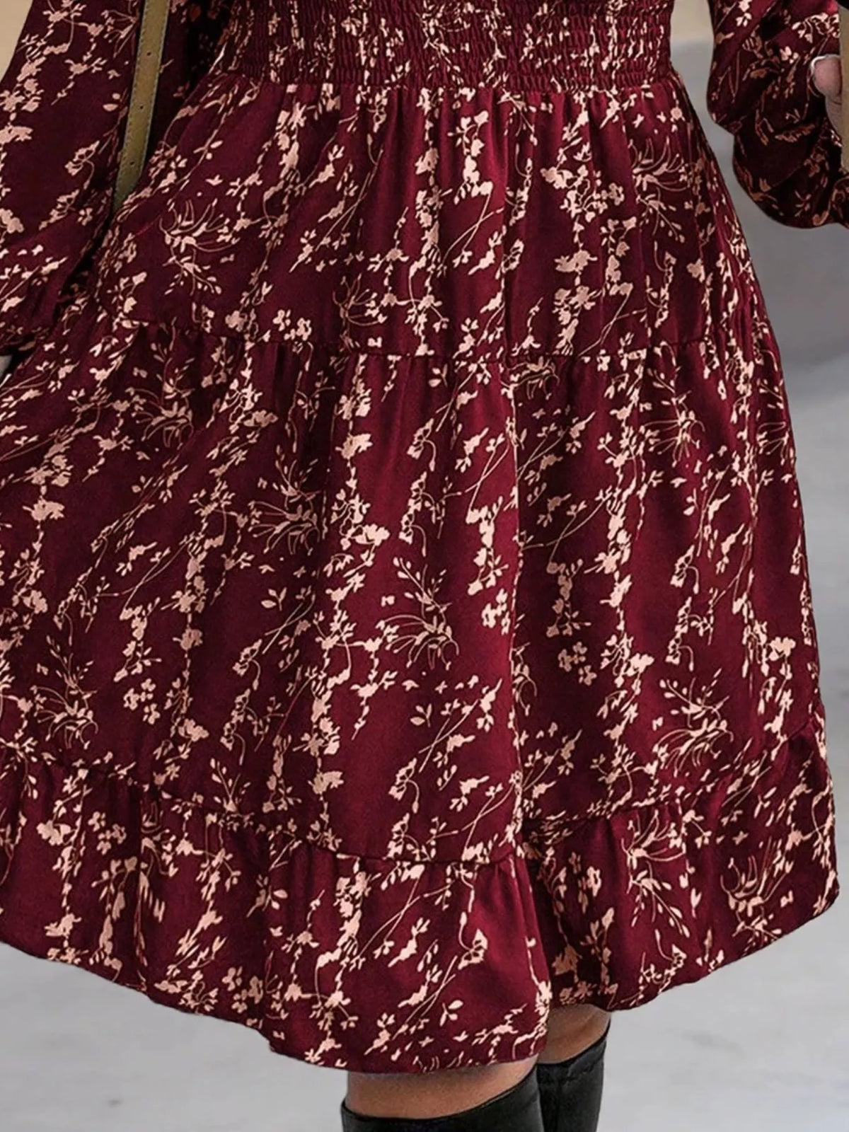 Floral Print Smocked Waist Mini Dress in burgundy, construction detail
