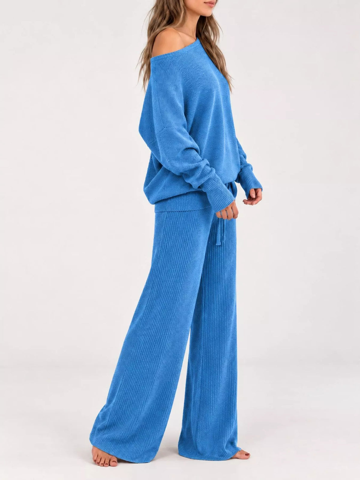 Asymmetric neck long sleeve outfit set, side view