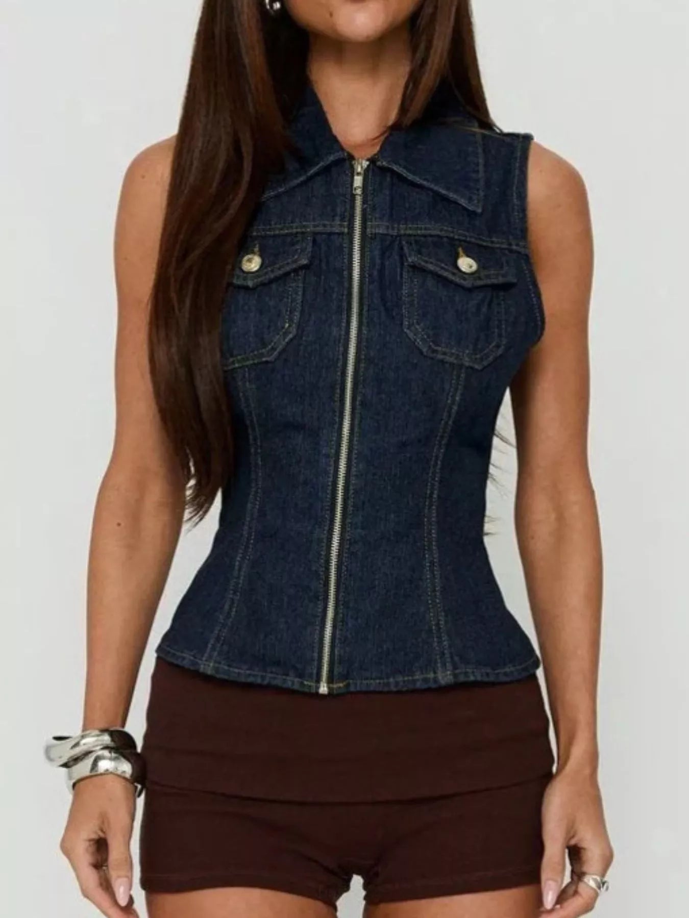 Trendsi Sleeveless Zip-Up Denim Vest -