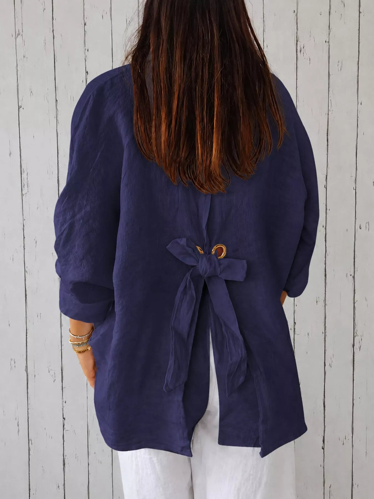 Dark Blue loose fit tie back shirt, back view
