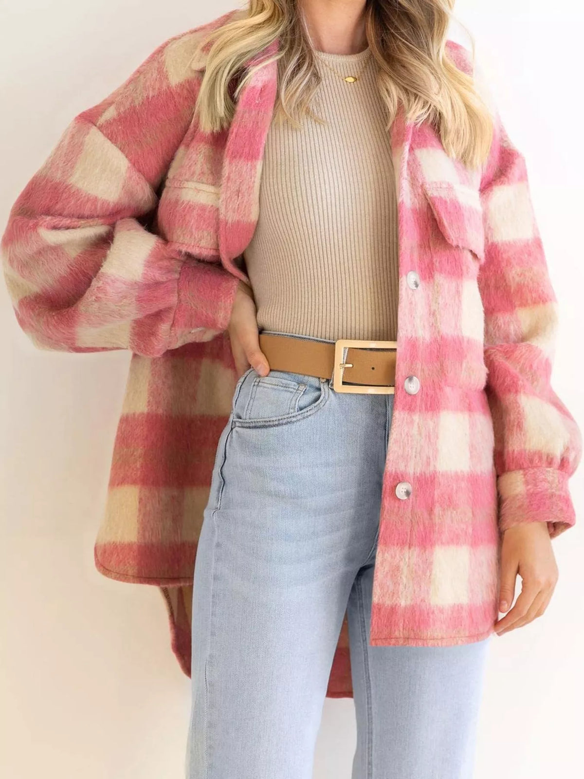 Pink and cream plaid button down jacket, front view