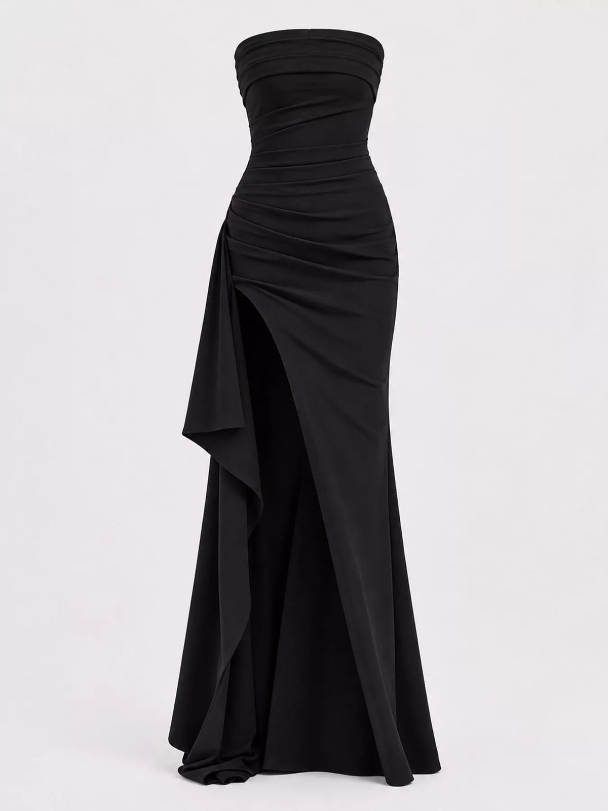 Black strapless high slit bodycon maxi evening dress, front view