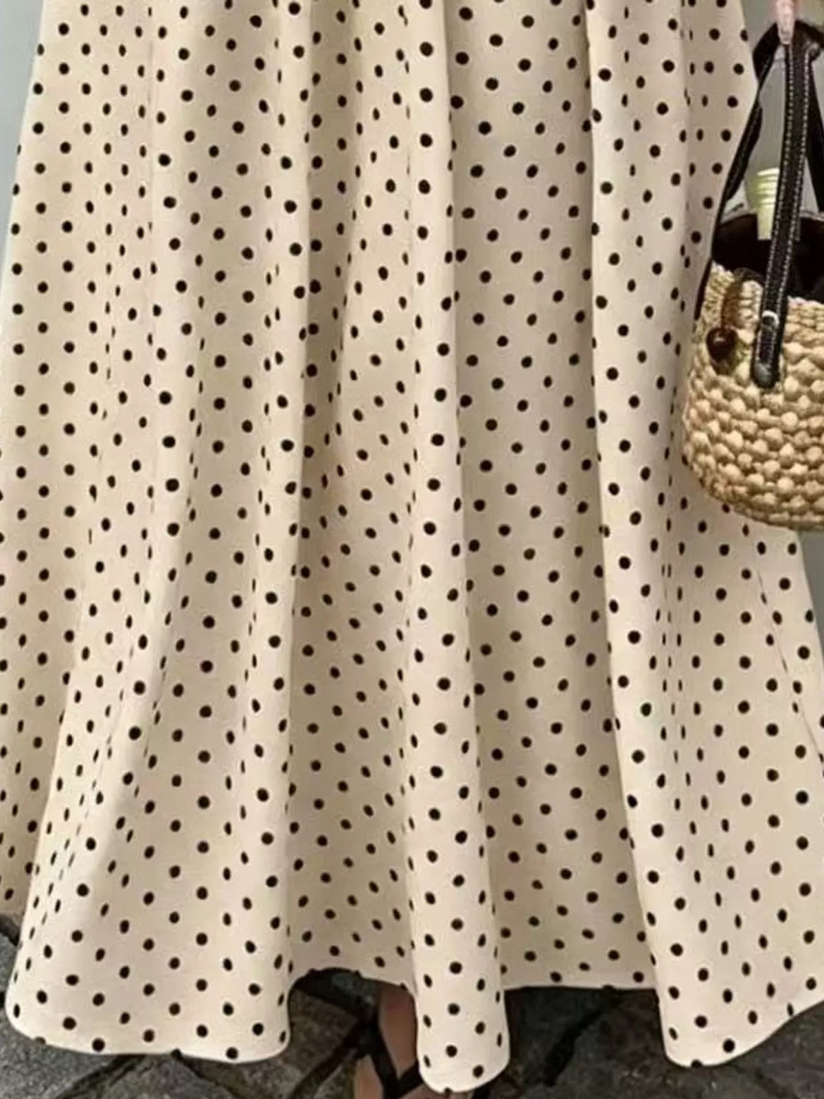 Women's Strapless Polka Dot Ruched Maxi Dress in beige dots — print detail view