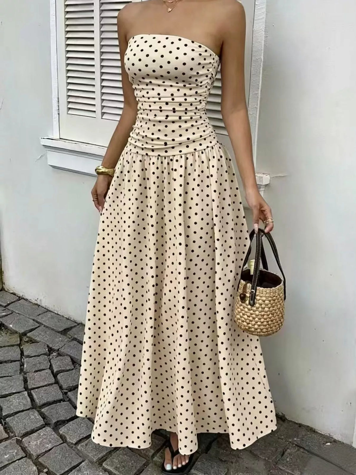 Women's Strapless Polka Dot Ruched Maxi Dress in beige dots — front view