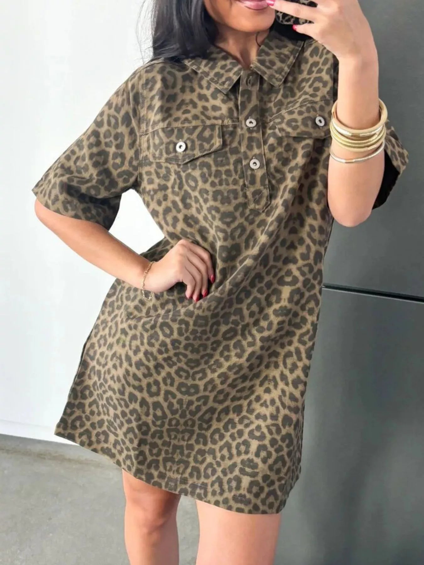 Trendsi Leopard Print Short Sleeve Denim Dress -