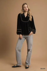 Trendsi Umgee Velvet Long Sleeve Blouse with Contrast Trim -