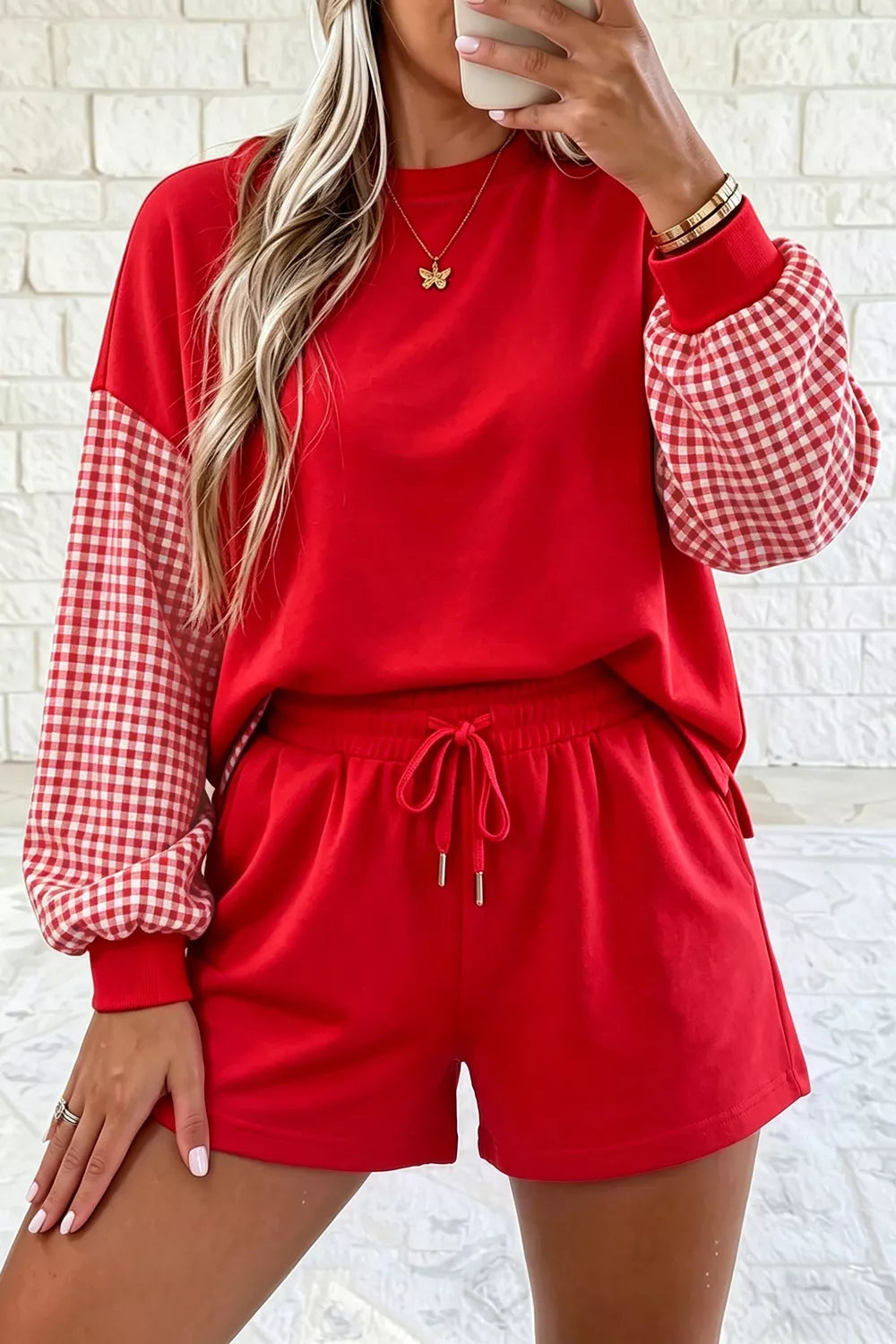 Trendsi Gingham Patchwork Long Sleeve Sweatshirt and Shorts Set -