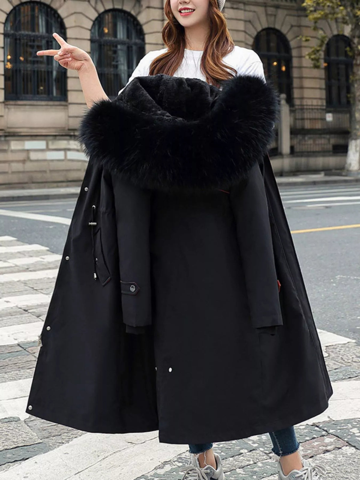 Faux-fur-trim parka, black back hood