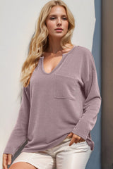 Trendsi Double Take Striped Notched Long Sleeve T-Shirt -
