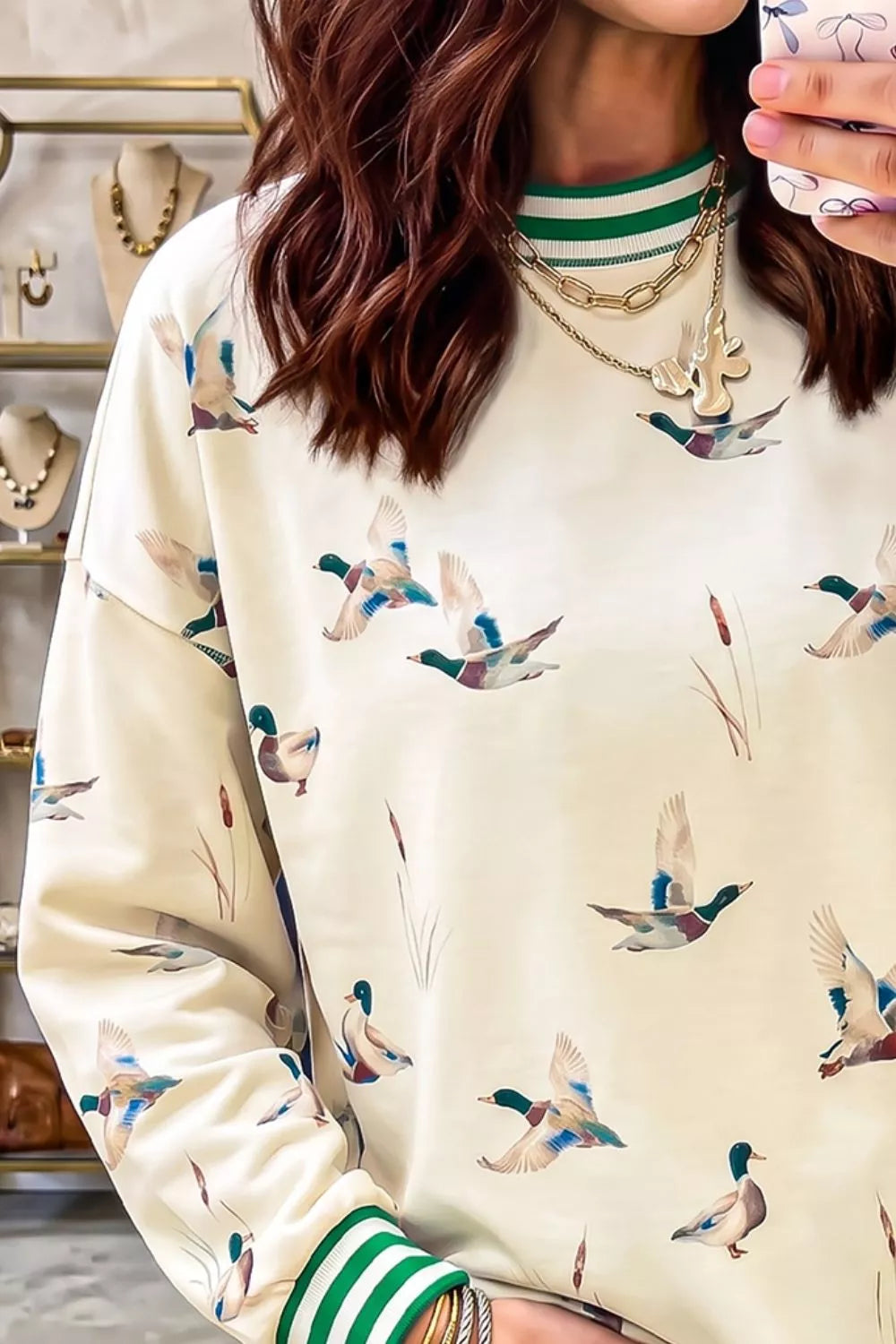 Trendsi Whimsical Duck Print Sweatshirt with Striped Trim -