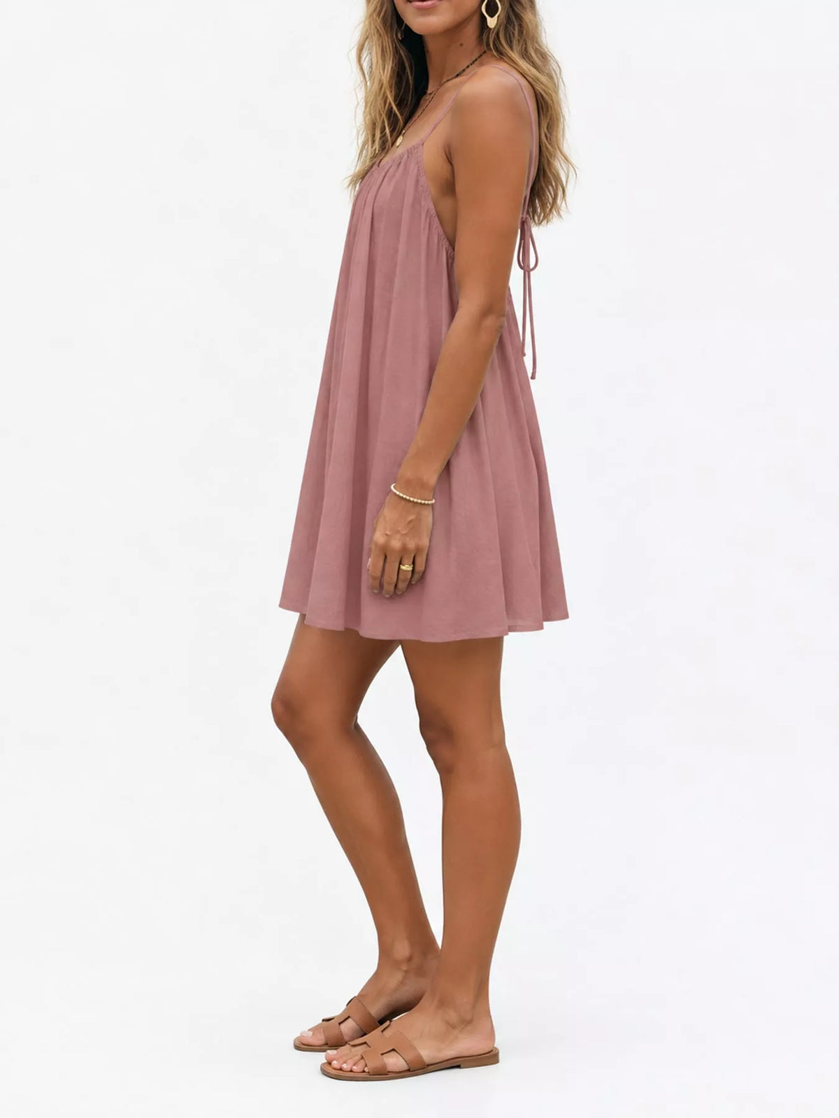 Dusty pink spaghetti strap A-line mini dress with open tie back