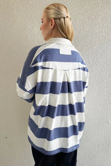 Trendsi Oh Pima Cotton Wash Wide Striped Collared Neck Long Sleeve Top -