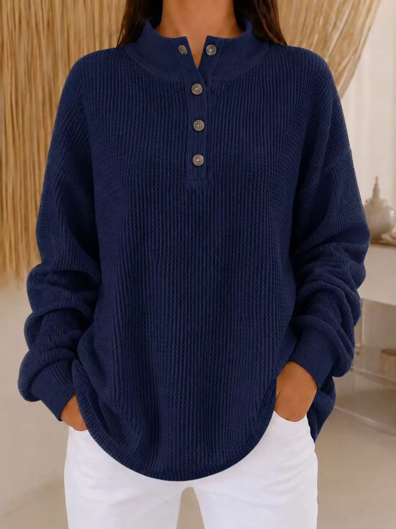 Trendsi Full Size Waffle Knit Button Detail Sweatshirt Plus Size -