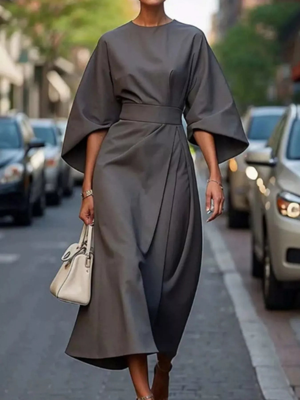 Gray round neck kimono sleeve midi dress