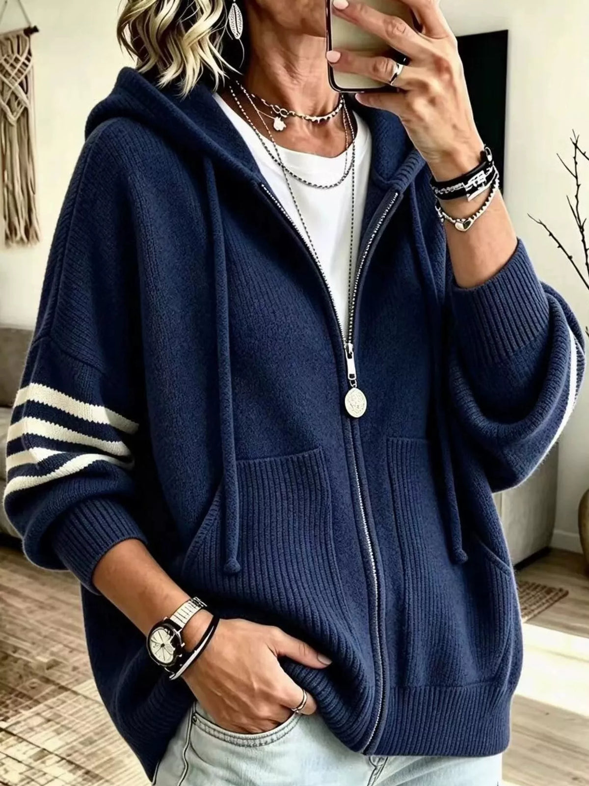 Navy hooded zip-up knit cardigan