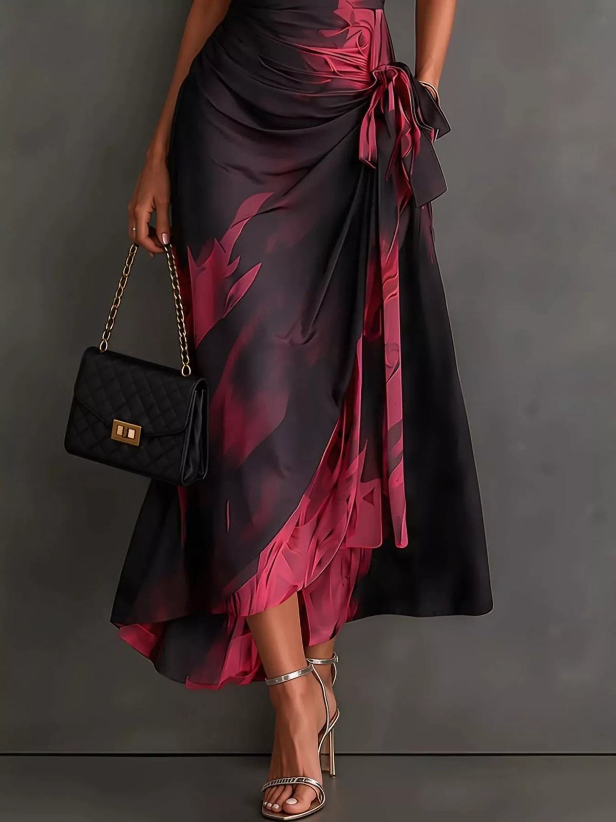 Red and black tie-detail surplice dress, midi skirt detail