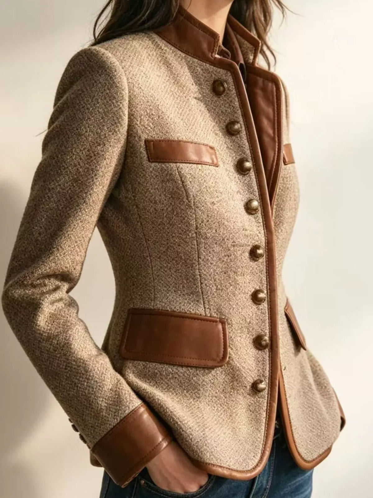 Contrast Trim Button-Front Tweed Jacket in brown, front view