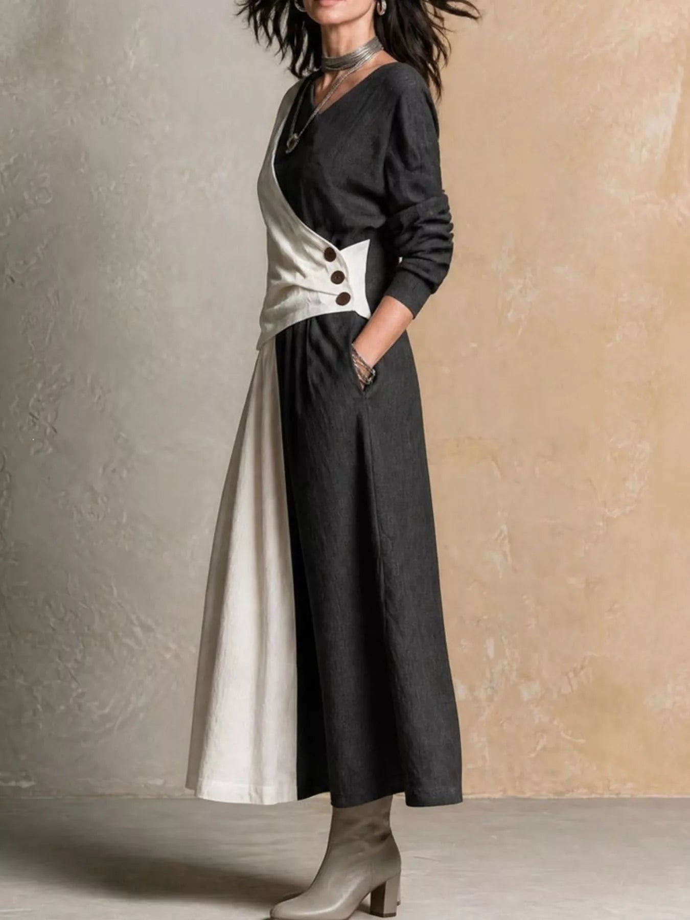 Trendsi Two-Tone Color Block V-Neck Long Sleeve Top and Maxi Skirt Set -