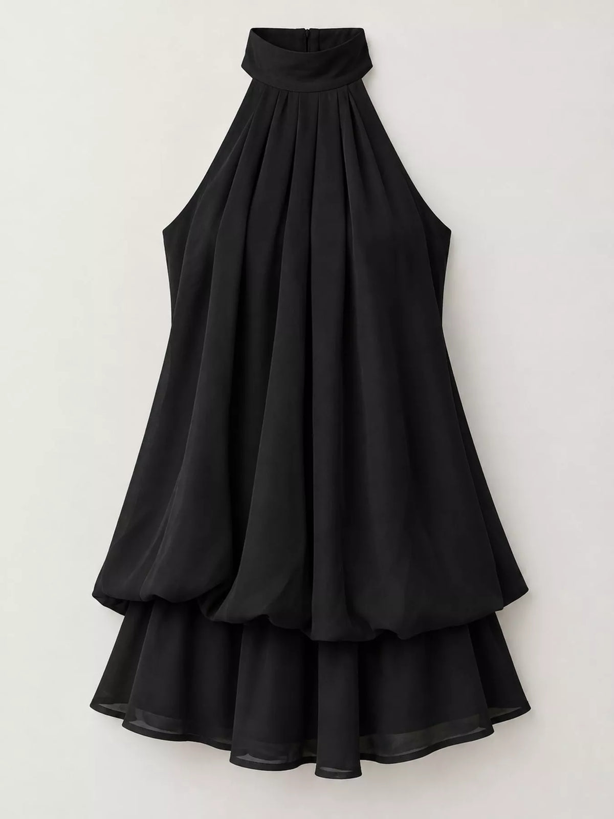 Black halter neck layered mini dress, front product view