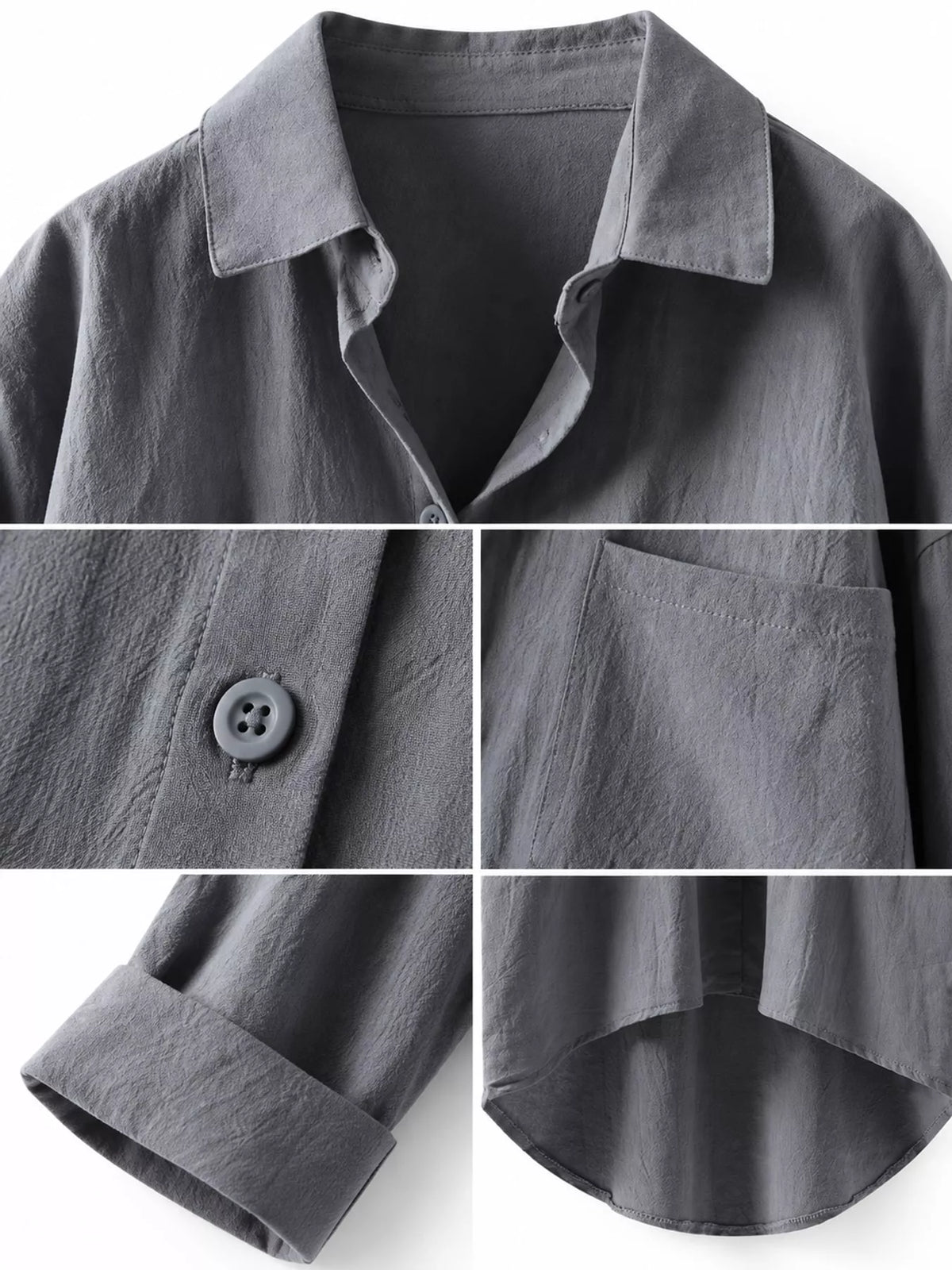 Cotton chest-pocket shirt, gray collar button cuff and high-low hem details