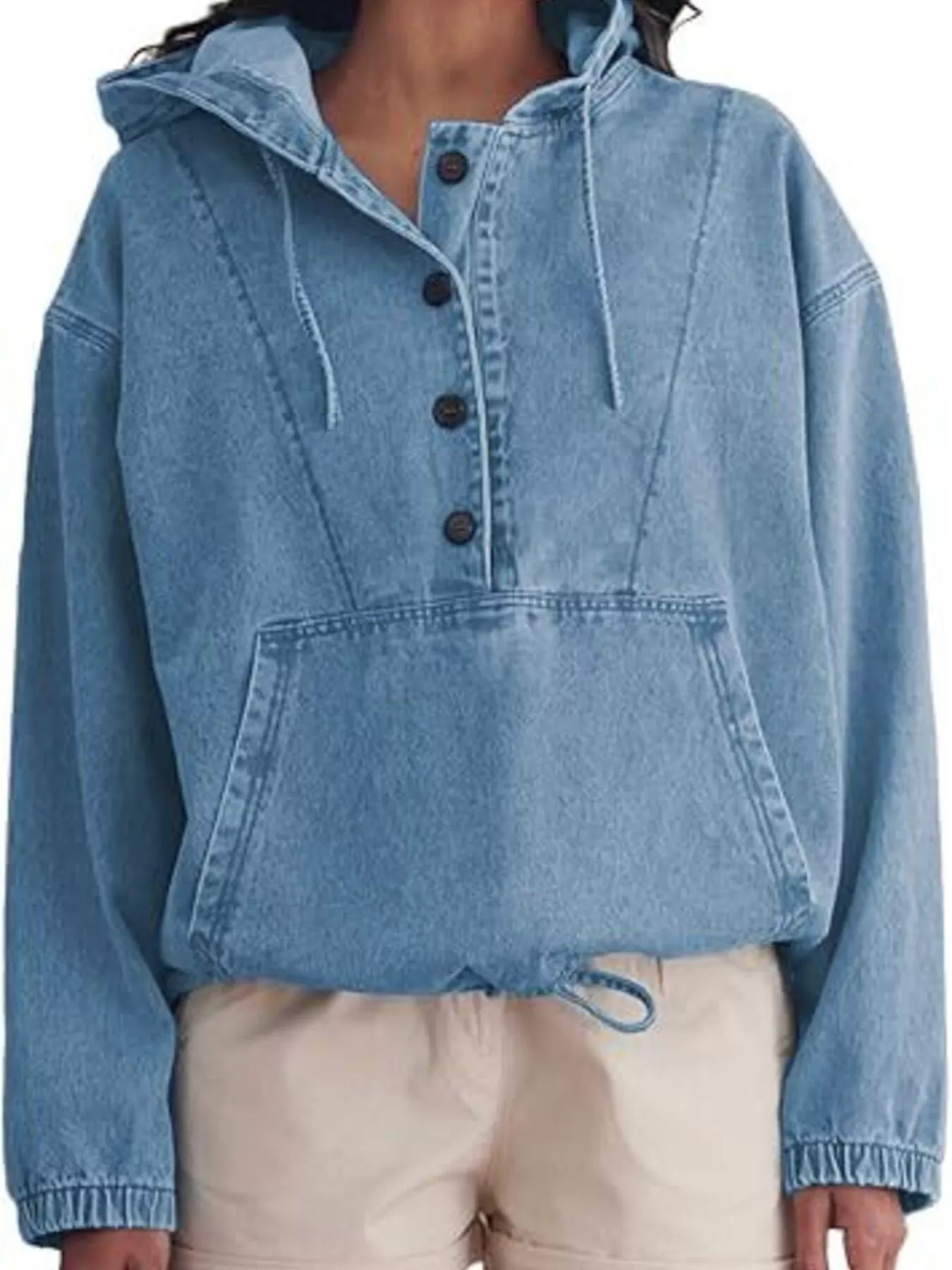 Trendsi Casual Hooded Kangaroo Pocket Denim Jacket -