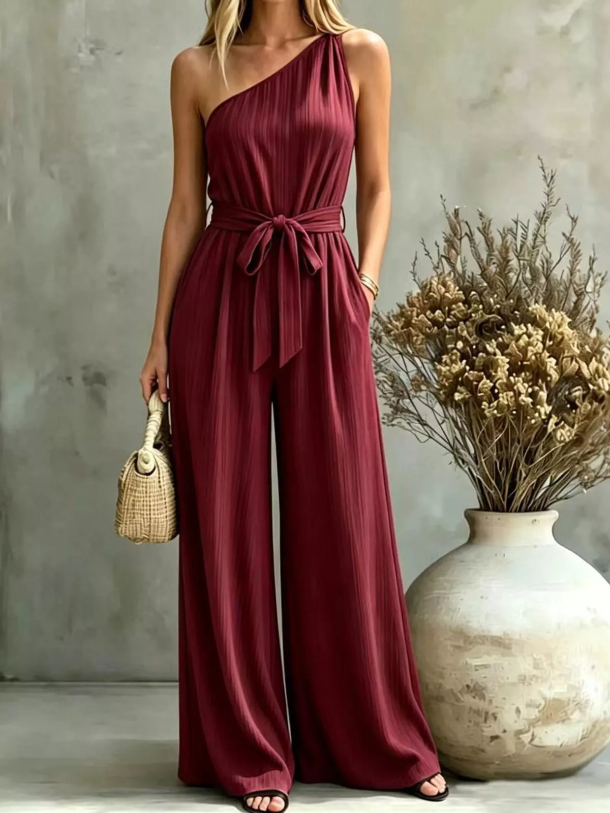 One-Shoulder Wide-Leg Jumpsuit in burgundy, front view