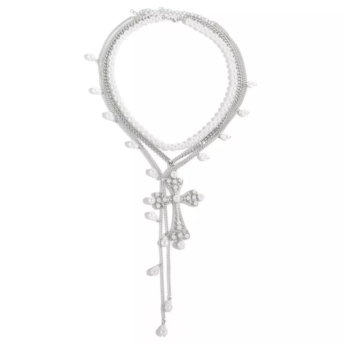 Trendsi Pearl Cross Pendant Necklace 3 Piece Set -