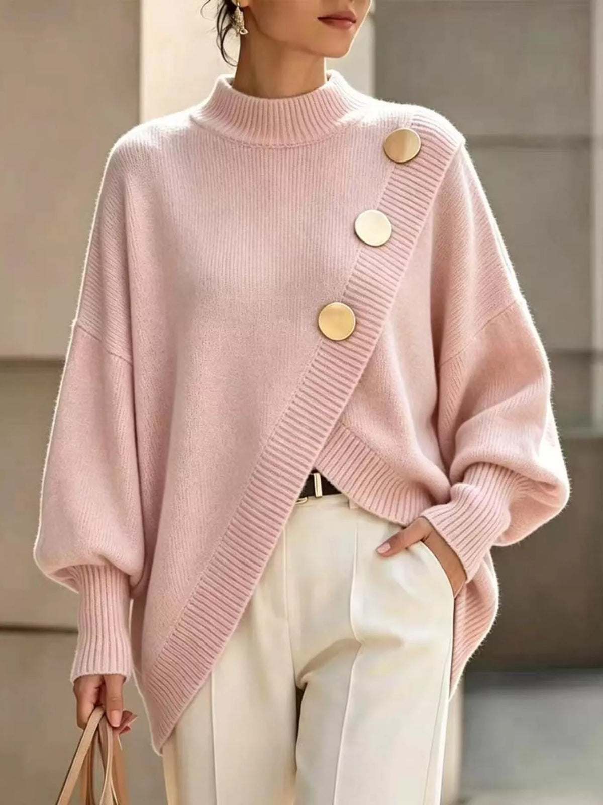 Asymmetric Button-Decorated Sweater — front view