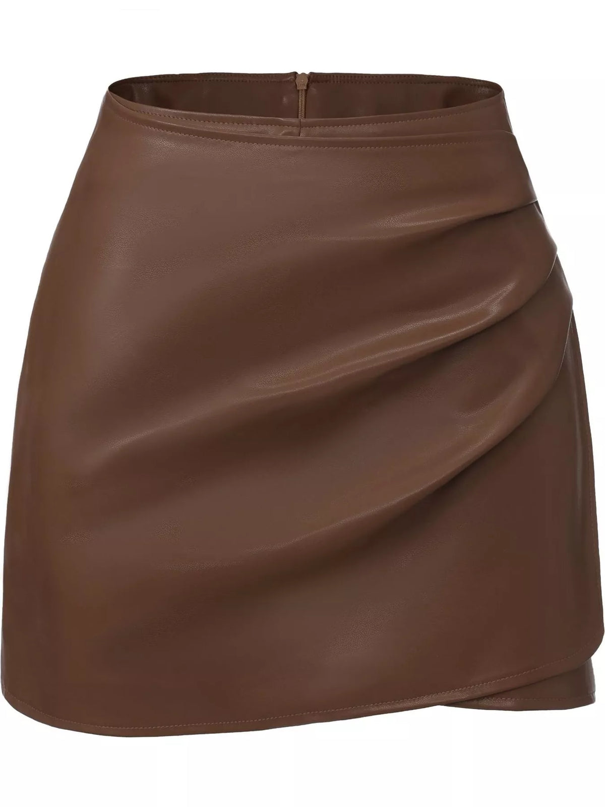 High-Waisted Ruched Faux Leather Skort — garment front