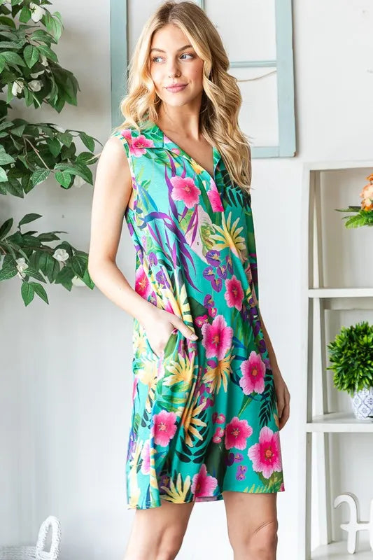 Trendsi Heimish Full Size Floral Johnny Collar Sleeveless Dress Plus Size - Dresses