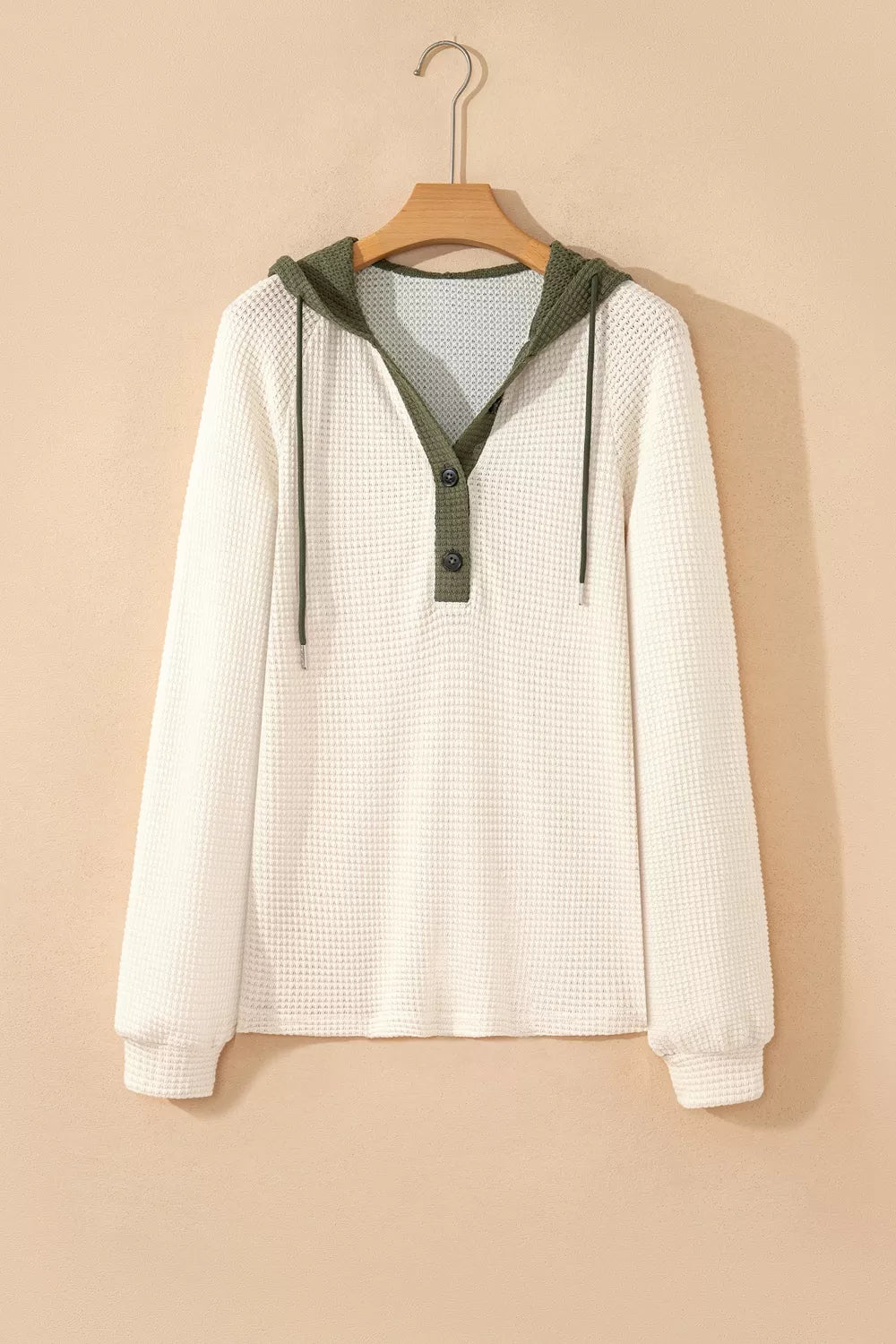 Trendsi Drawstring Waffle Knit Henley Hoodie -
