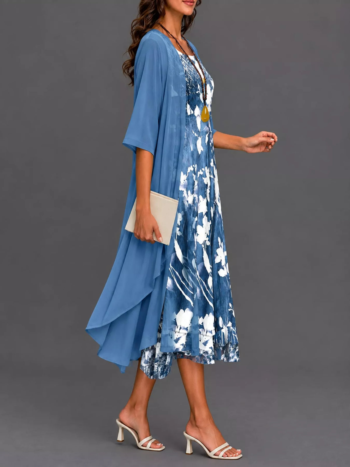 Floral dress and cardigan set, blue side