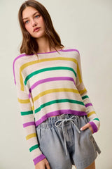 Trendsi SO ME Mardi Gras Color Stripe Lightweight Sweater Top -