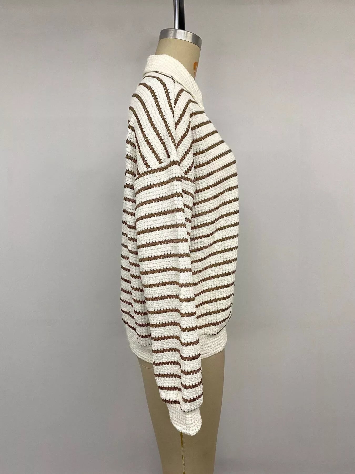 Trendsi Striped Polo Collar Knit Sweatshirt -