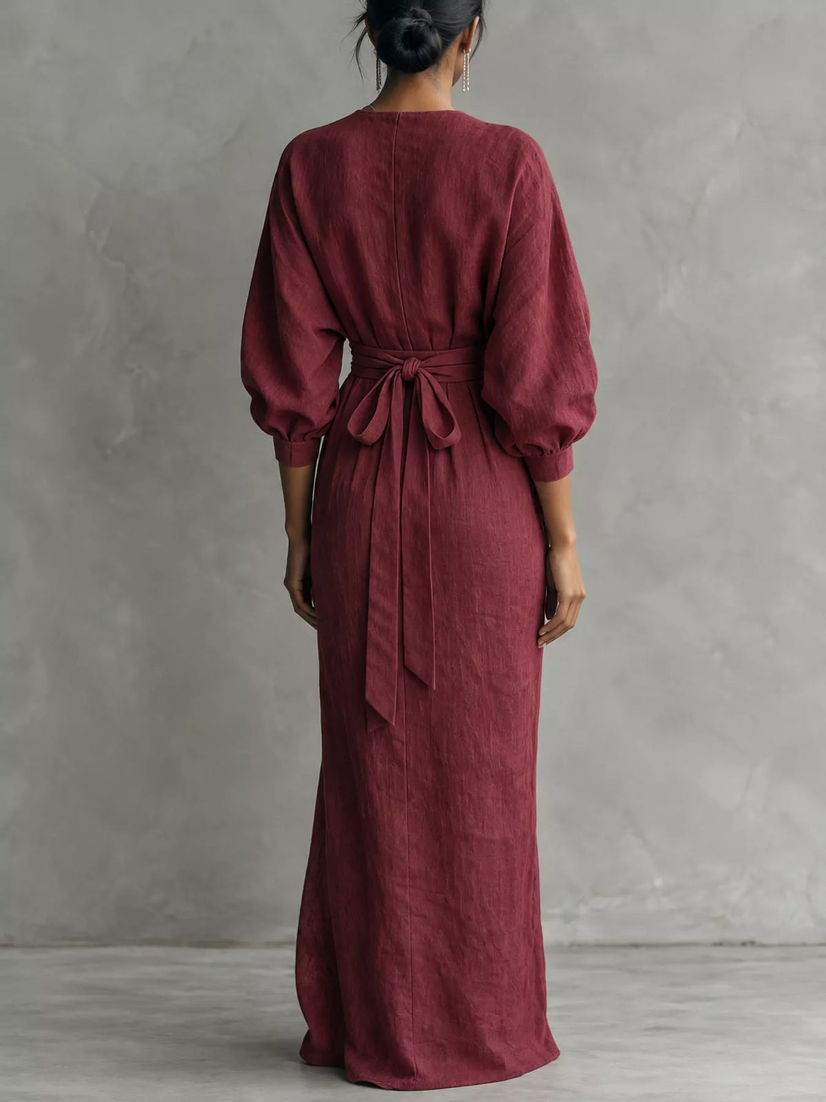 V-neck 3/4 sleeve maxi dress, back view
