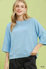 Trendsi Umgee Round Neck Textured Floral Terry Blouse -