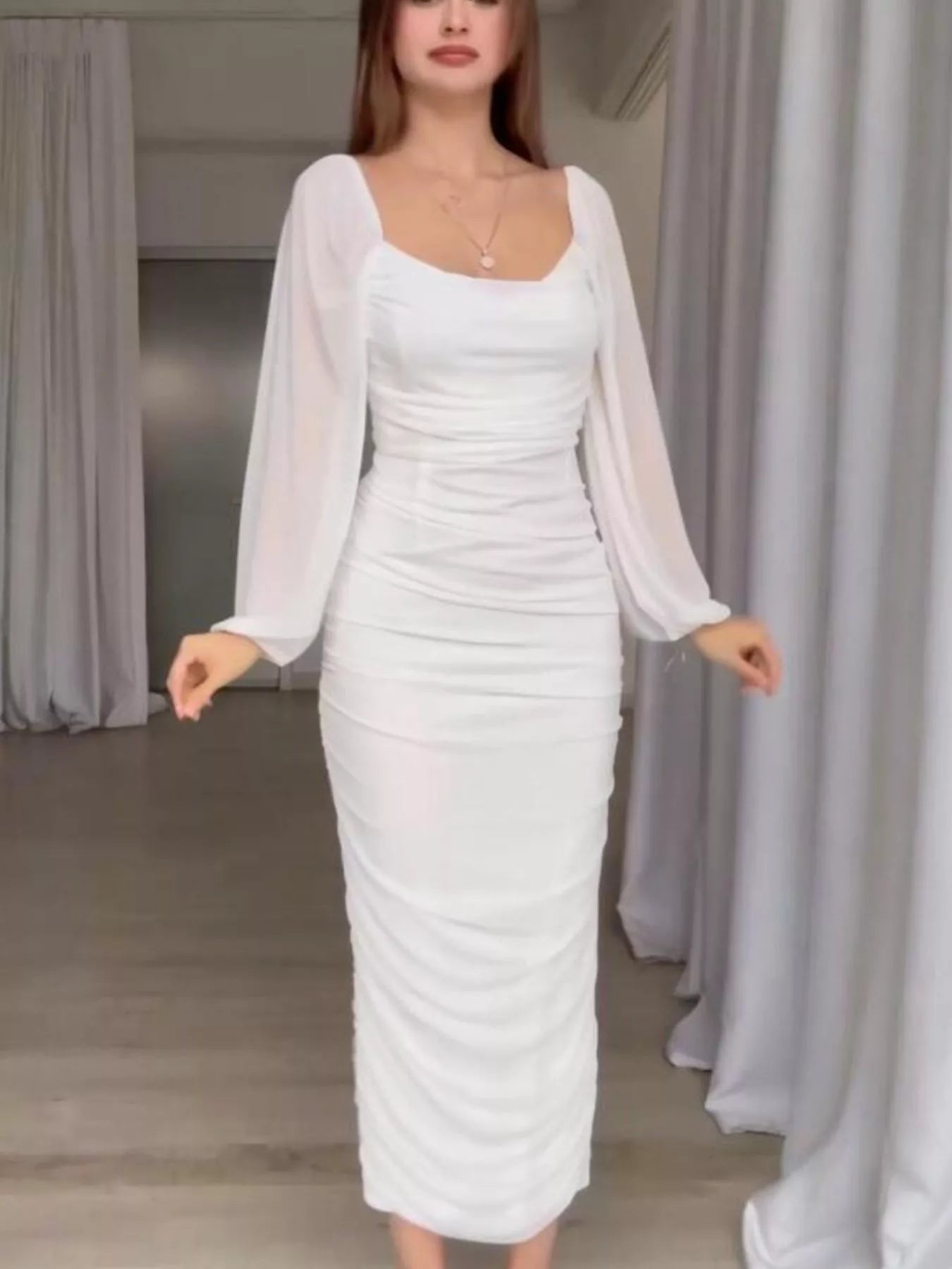 Trendsi Ruched Sheer Long Sleeve Dress -