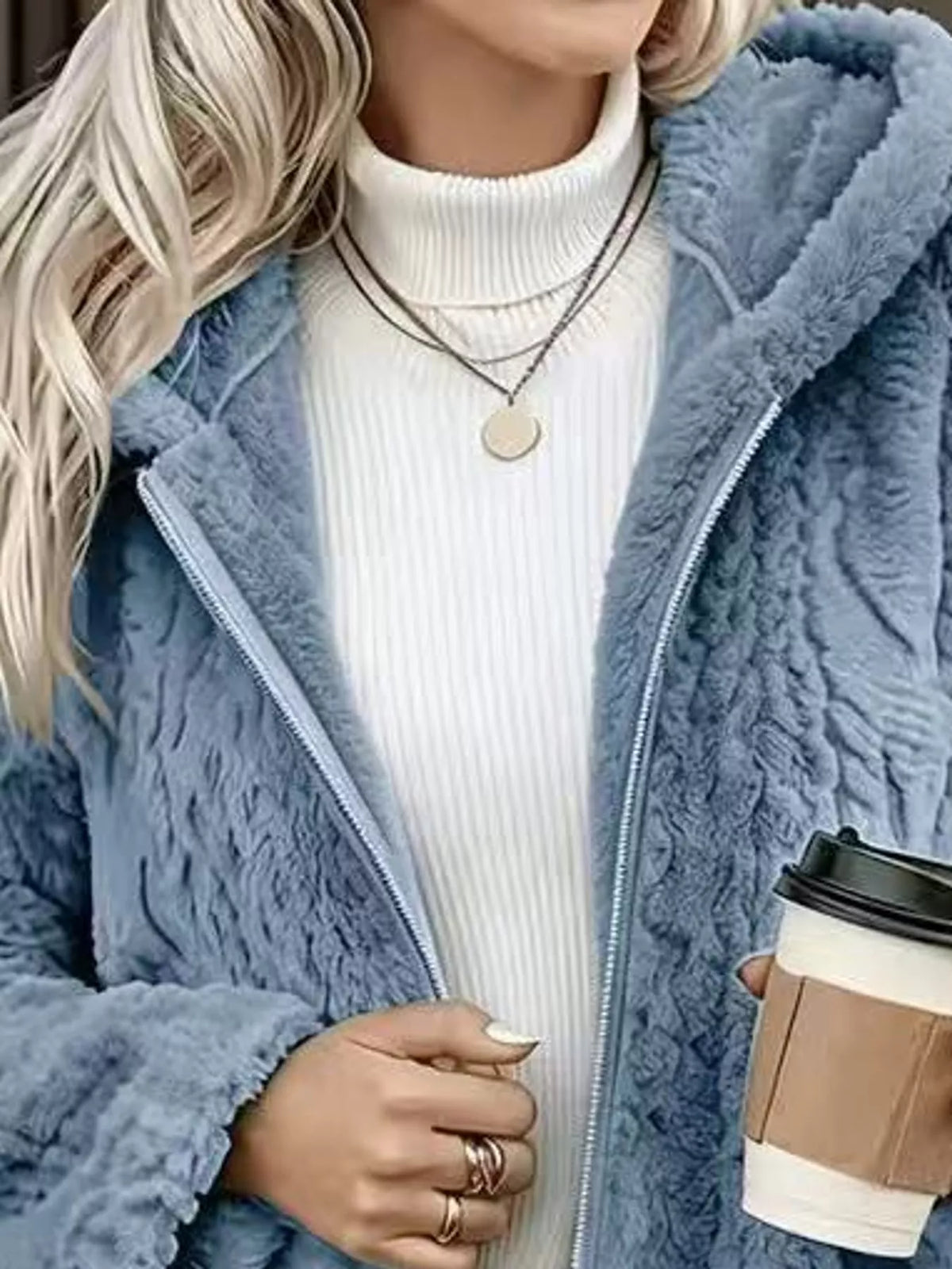 Ocean Blue faux fur hooded zip-up jacket