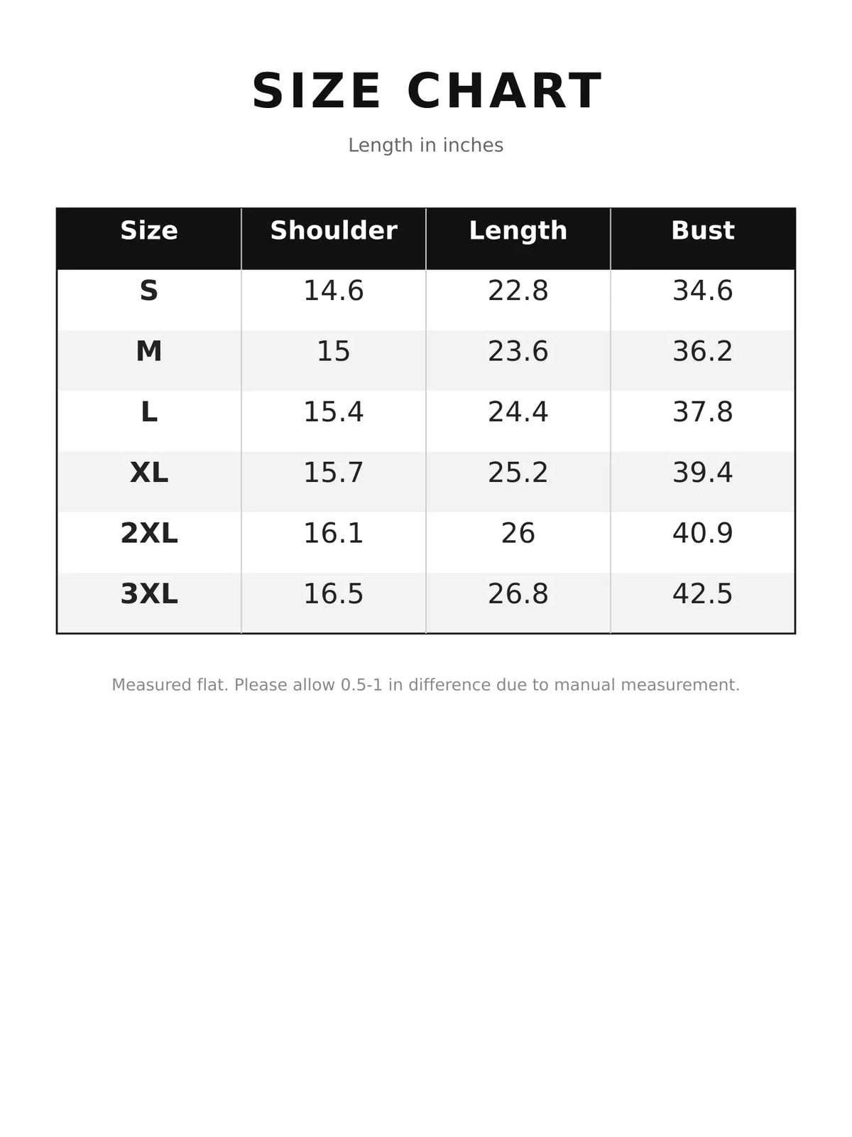 Size chart for asymmetric button-down long sleeve shirt