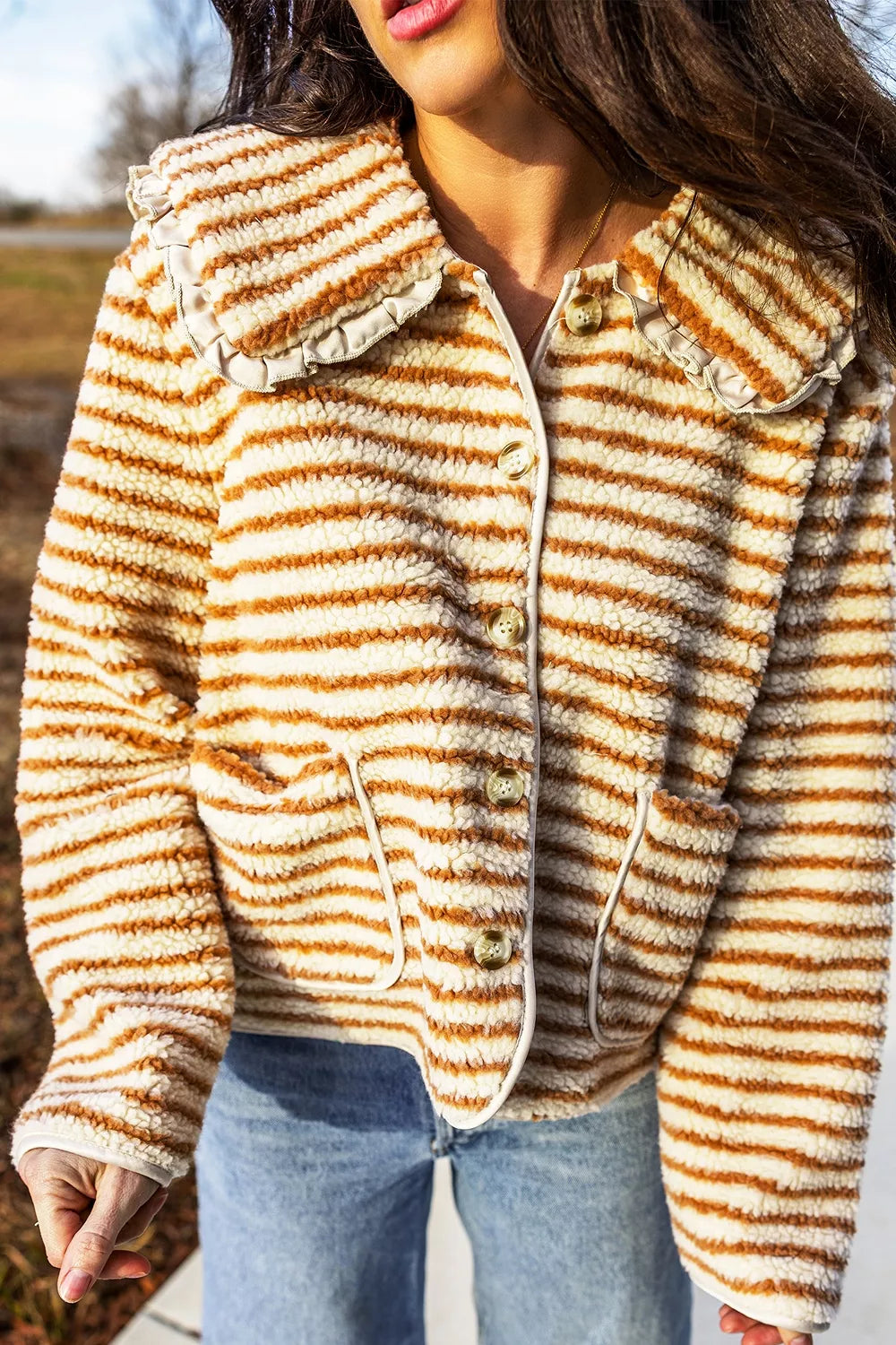 Striped fleece jacket, angled front