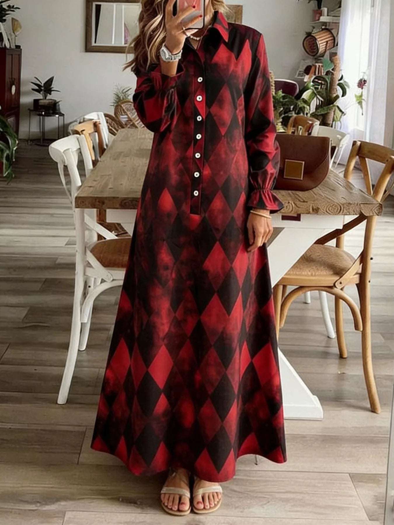Trendsi Argyle Print Button-Down Maxi Dress -