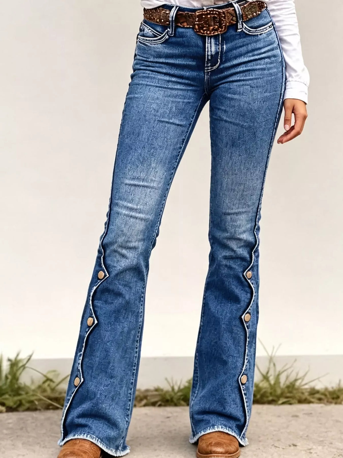 Button-Side Flare Jeans in dark blue, front view