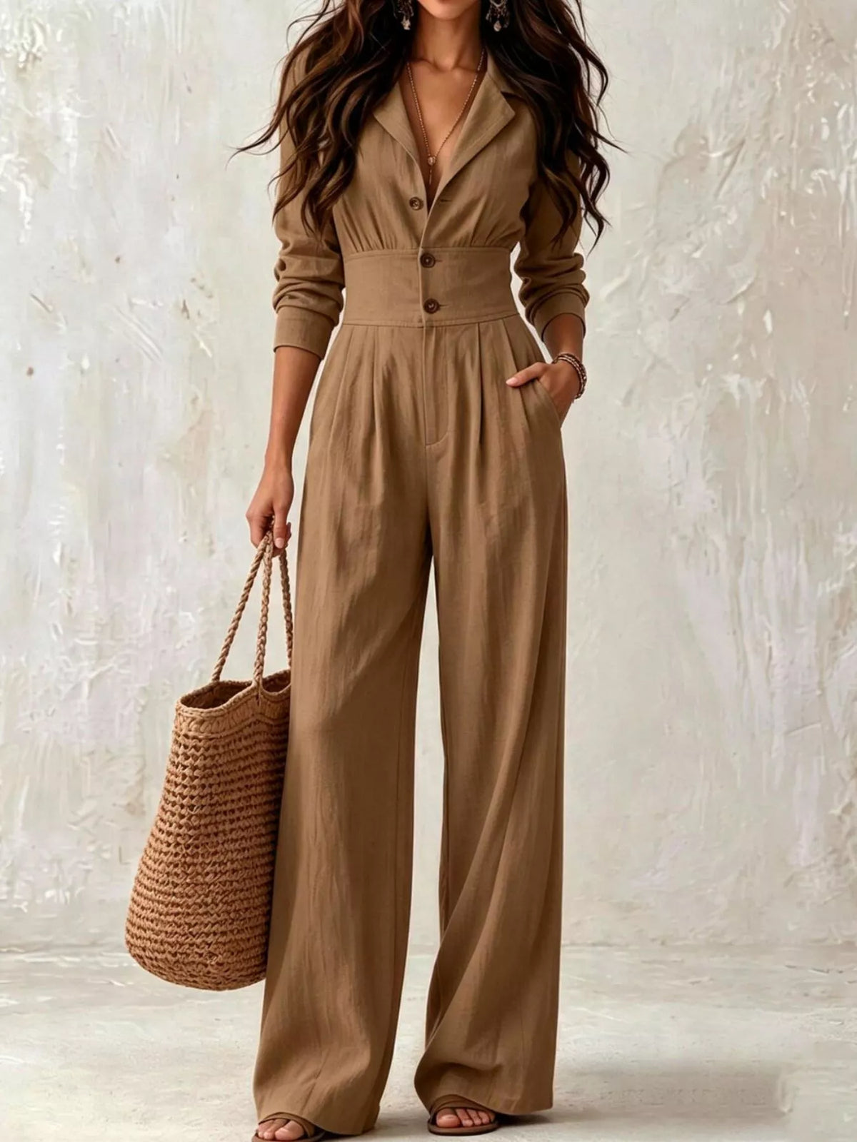Brown Lapel-Collar Button-Front Wide-Leg Jumpsuit front view