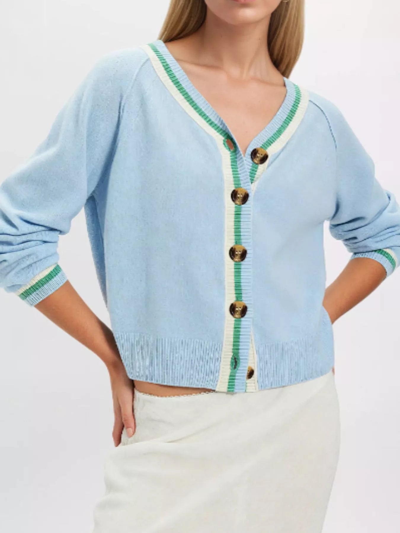 Trendsi Striped Trim Button-Down Cardigan -