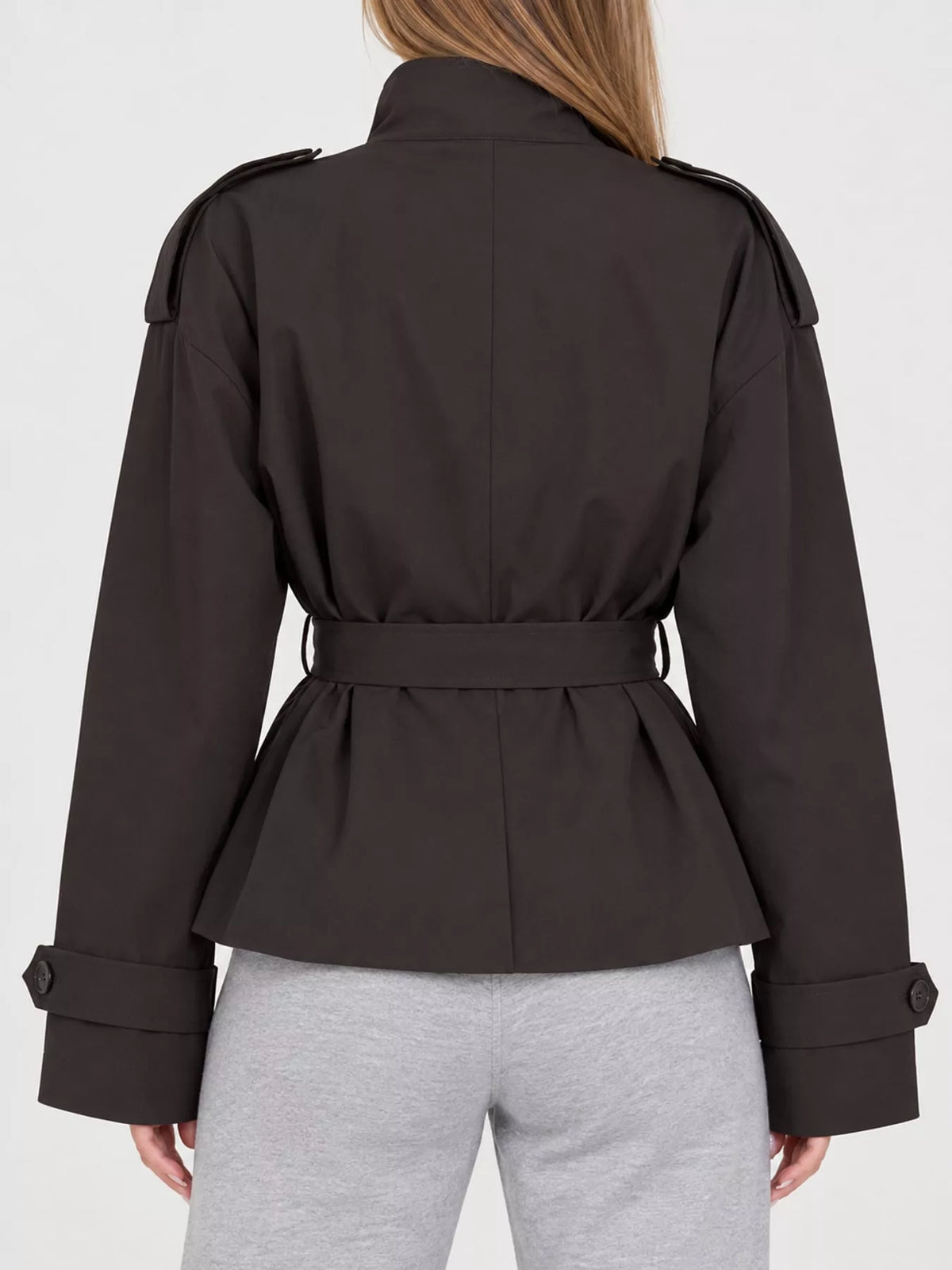 Women's Double-Breasted Belted Trench Coat in brown — back view