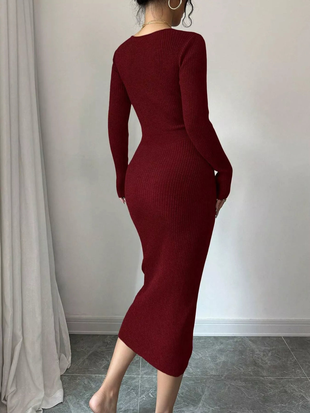 Burgundy decorative button ribbed knit sweater dress, back view