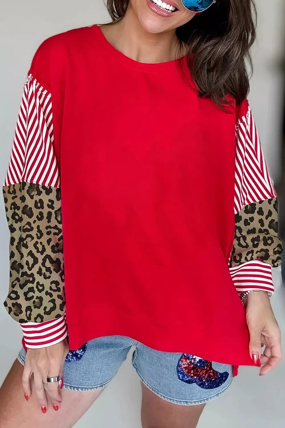 Trendsi Leopard and Striped Patchwork Sleeves Sweatshirt -