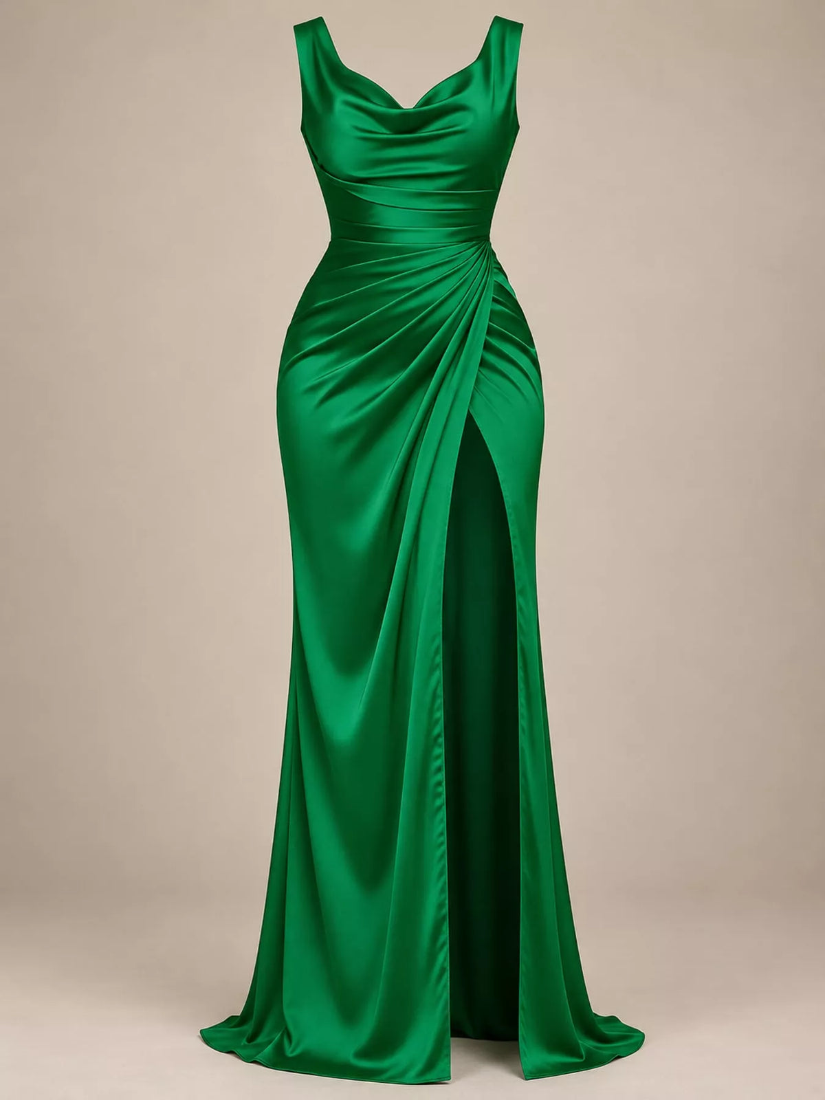 Green satin cowl neck high slit maxi dress, front view